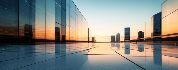 Modern Business District at Sunset with Skyline Reflections