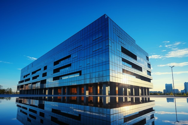 Modern business hub beneath clear blue sky a reflection of corporate advancement