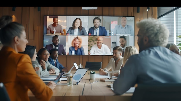 Photo modern business meeting with digital video conference diverse team collaboration hybrid work model in action technology in workspace ai