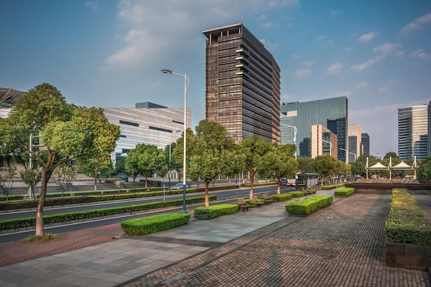 Modern business office building in sunset