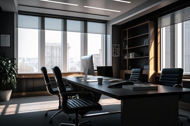 Modern business office interior with table chairs and large windows