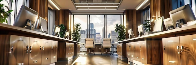 Современный деловой офис с изящной мебелью, открытым пространством и панорамным видом на город, предлагающий роскошную и продуктивную рабочую среду
