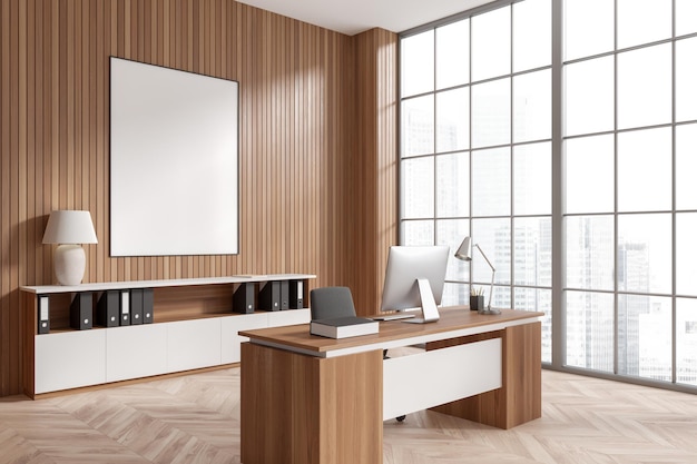 Modern business room interior with desk and computer window Mockup frame