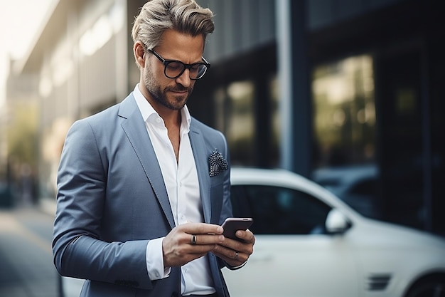 Modern Business Travel Handsome Man with Smartphone Generative AI