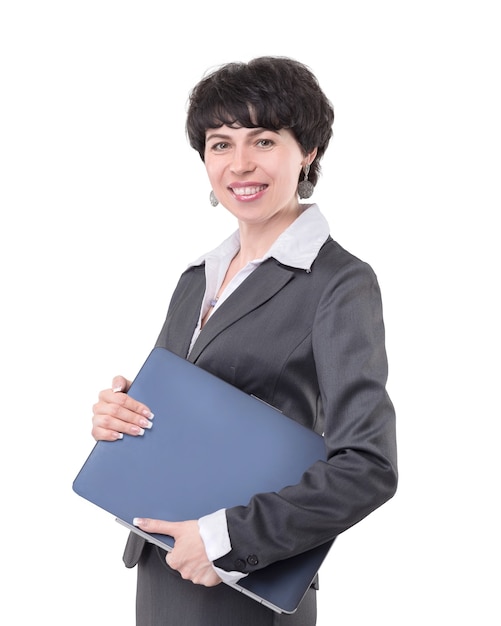 Modern business woman with laptop. isolated on white background