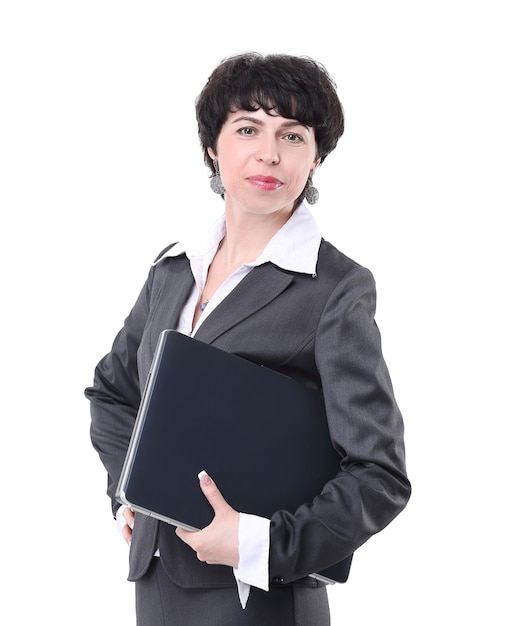 Modern business woman with laptop. isolated on white