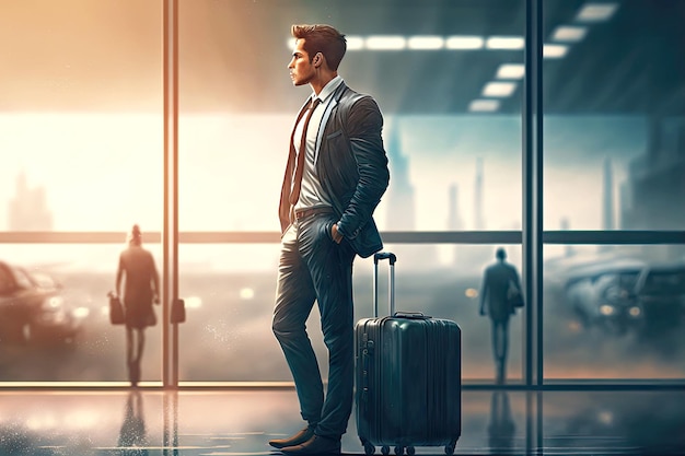 フライトを待っているスーツケースと空港で現代のビジネスマン
