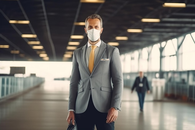 Photo modern businessman in face mask standing in airport