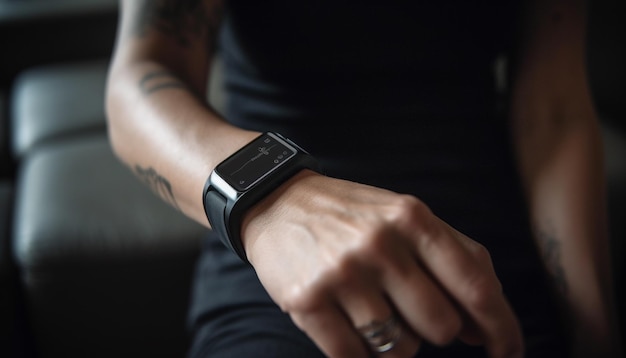 Photo modern businessman holding smart watch focusing on wireless technology indoors generated by artificial intelligence