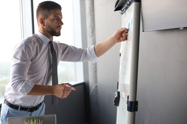 Modern businessman is using flipchart in the office.