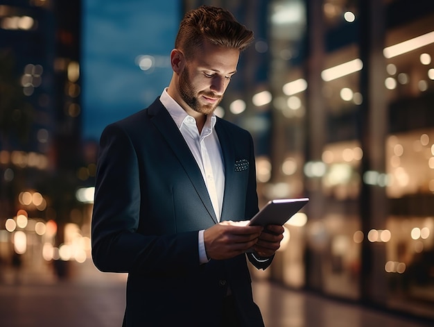 Modern businessman with tablet in business center interior Generative ai