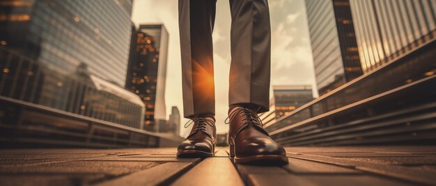 Современные бизнесмены завязывают ботинки на фоне городских небоскребов на закате