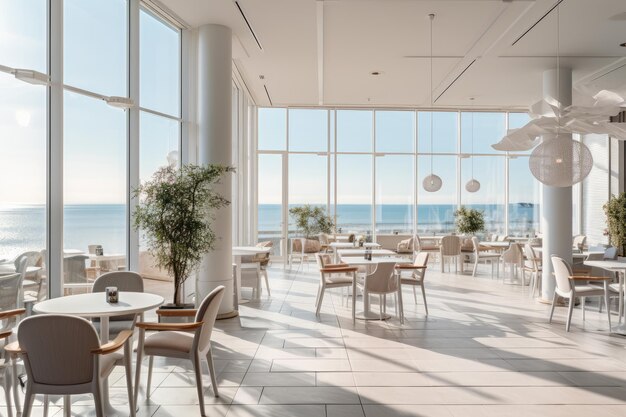 Photo a modern cafe interior design with wide windows sea view white colours