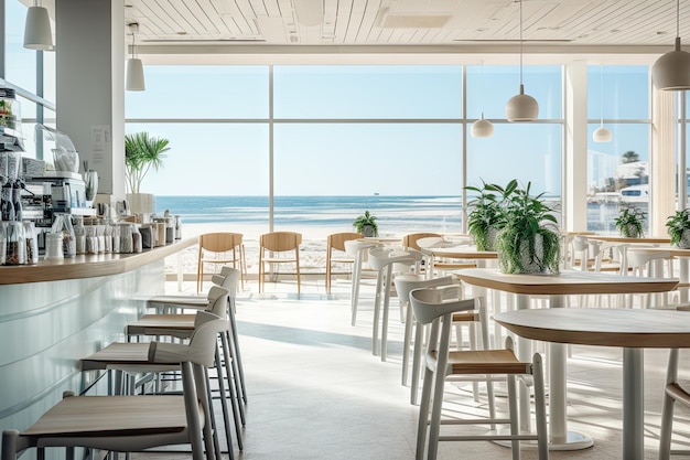 a modern cafe interior design with wide windows sea view white colours