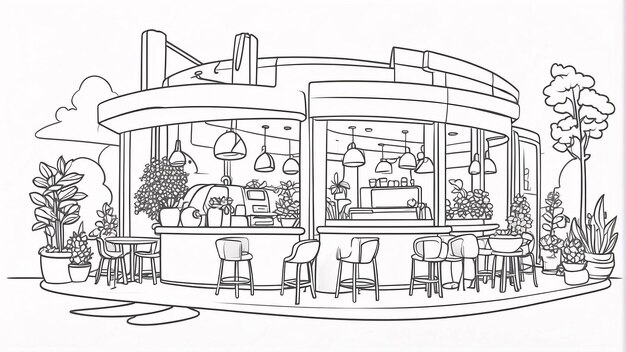 Photo modern cafe line art on white background line art hand drawn ourdoor coloring book illustration