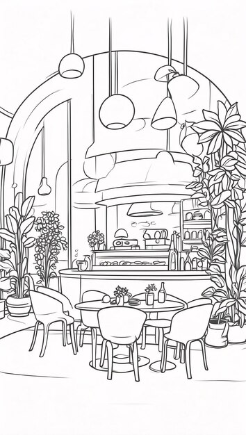 Modern Cafe Line Art On White Background Line Art Hand Drawn Ourdoor Coloring Book Illustration