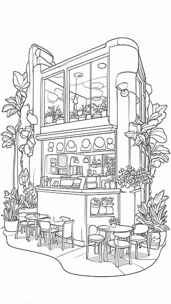 Photo modern cafe line art on white background line art hand drawn ourdoor coloring book illustration