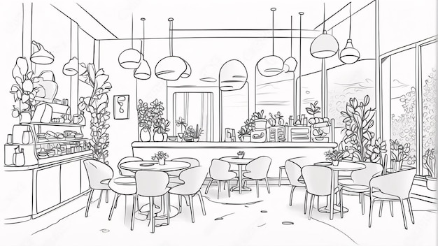 Photo modern cafe line art on white background line art hand drawn ourdoor coloring book illustration