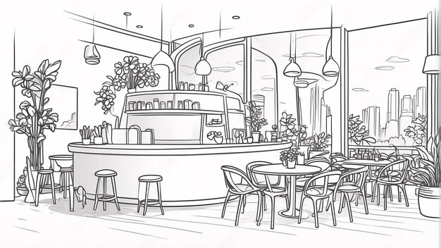 Photo modern cafe line art on white background line art hand drawn ourdoor coloring book illustration