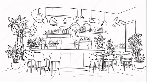 Photo modern cafe line art on white background line art hand drawn ourdoor coloring book illustration