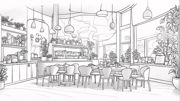 Foto moderna cafe line art su sfondo bianco line art disegnato a mano ourdoor illustrazione di libro da colorare