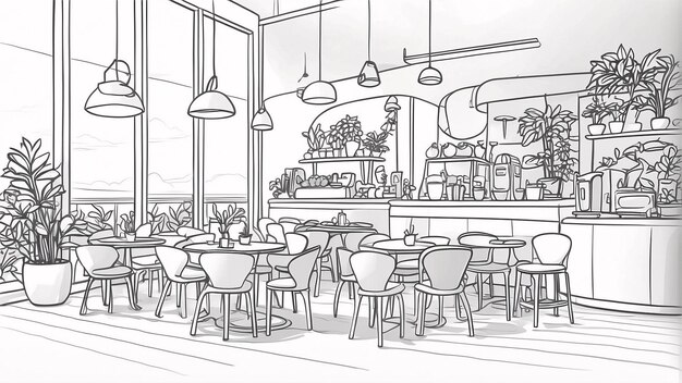 Foto moderna cafe line art su sfondo bianco line art disegnato a mano ourdoor illustrazione di libro da colorare