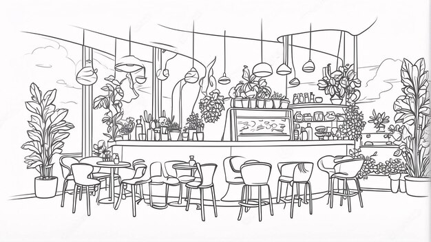 Modern Cafe Line Art On White Background Line Art Hand Drawn Ourdoor Coloring Book Illustration