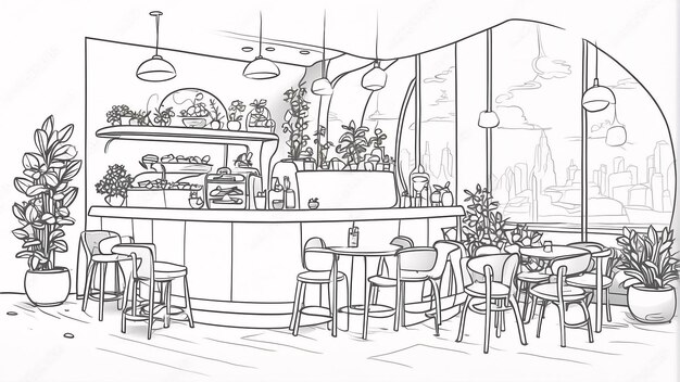 Photo modern cafe line art on white background line art hand drawn ourdoor coloring book illustration