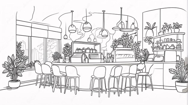 Photo modern cafe line art on white background line art hand drawn ourdoor coloring book illustration