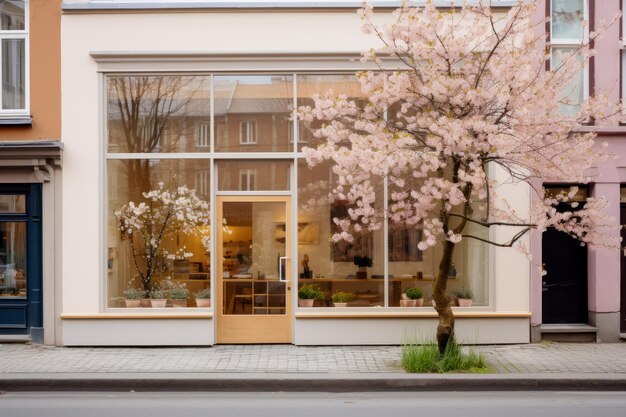 Modern cafe storefront exterior building facade with big window pink spring blooming flowers