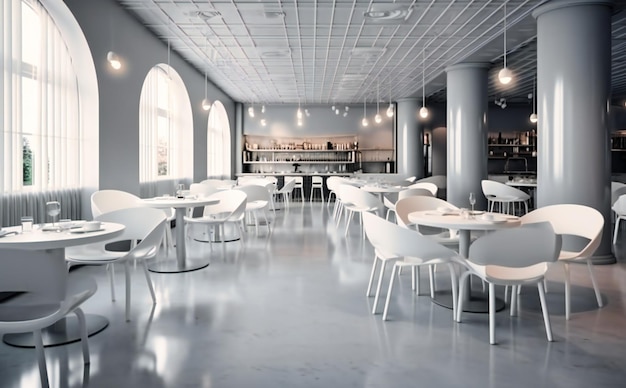 A modern cafe with many white tables and chairs
