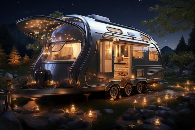 Modern camper in the nature at night camper van adventure vacation mobile living trailer Ai Generative