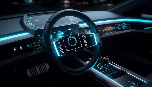 파란색 컨트롤 패널과 AI가 생성한 반짝이는 기술을 갖춘 현대적인 자동차 인테리어