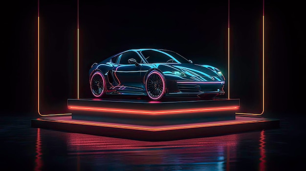 Иллюстрация современного автомобиля на неоновой сцене, созданная искусственным интеллектом