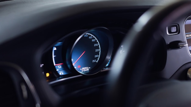 Modern car panel, digital bright speedometer, odometer.