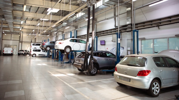 Modern car repair station with a large number of lifts and specialized equipment for diagnostics and service repair car