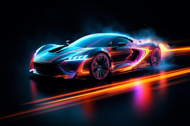 a modern car at speed with neon lighting