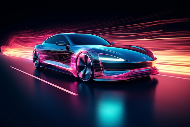 a modern car at speed with neon lighting