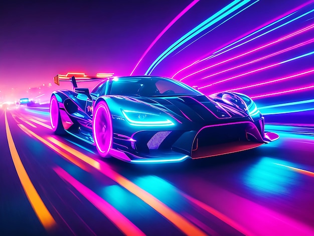 A modern car at speed with neon lightinggenerative ai