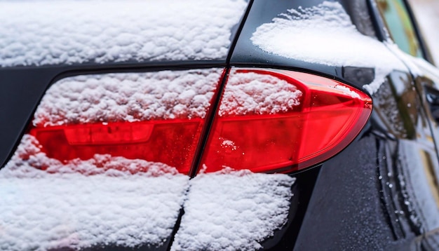 Modern car tail light covered with thin layer of fresh snow, close up shot