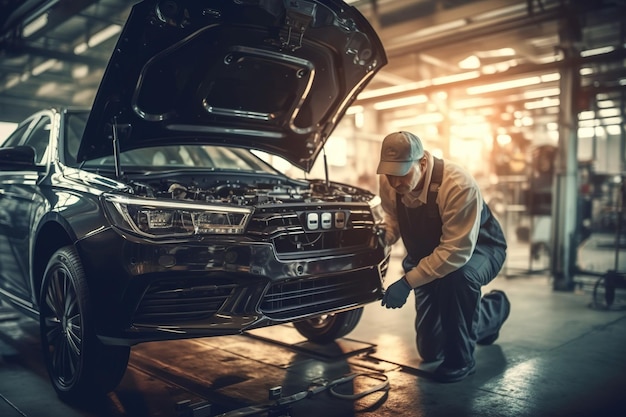 Photo modern car undergoing repairs at a service station skilled technicians working on the vehicle ensuring its optimal performance generative ai