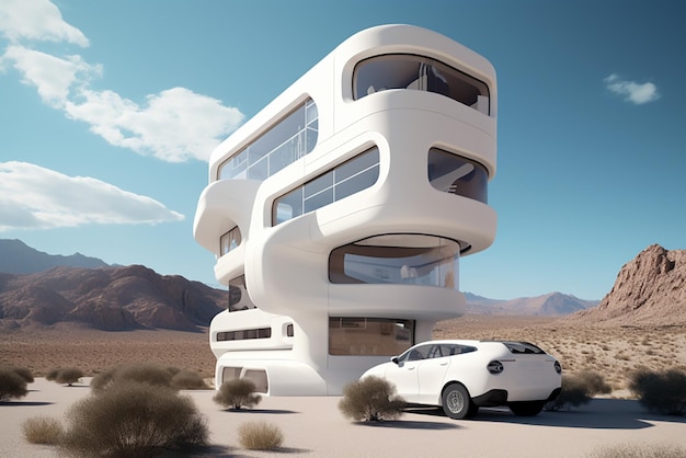 Modern caravan motorhome rides through the desert