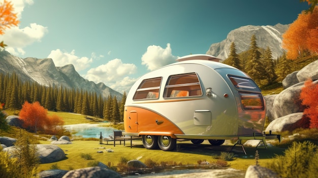 Modern caravan on a way with beautiful landscape scenery traveling concept