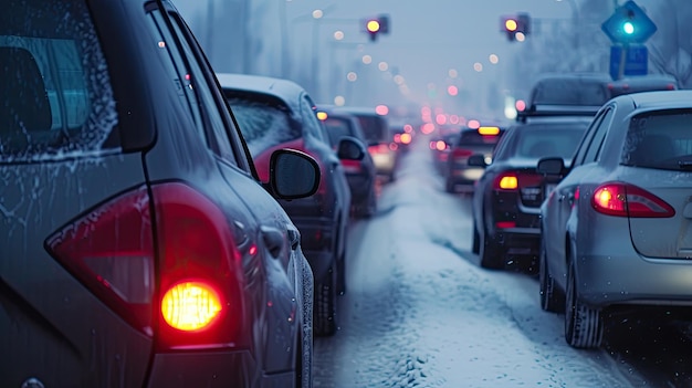 Modern cars are stuck in a traffic jam on a highway in winter