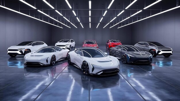 Modern cars are in the studio room 3d render and illustration