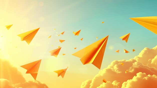 Modern cartoon children planes in air on school notebook background 3D flying yellow paper airplanes