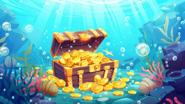 Modern cartoon illustration of Ancient wooden treasure chest with gold coins under the sea Seaweed pearl shell coral reef air bubbles under the sea adventure game background