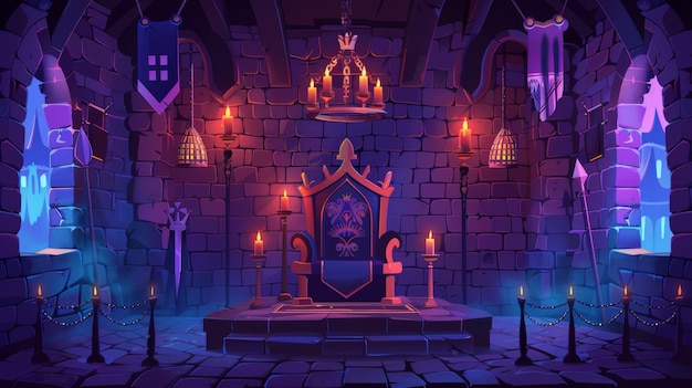 Photo modern cartoon illustration of a castle room knights in metal armor tapestries and candles hanging from candelabras on stone walls game background
