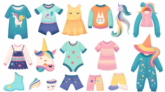 Photo a modern cartoon illustration of a cute children garment set including tshirts shorts dresses sweaters pajamas with a unicorn trim hats and pants on a white background