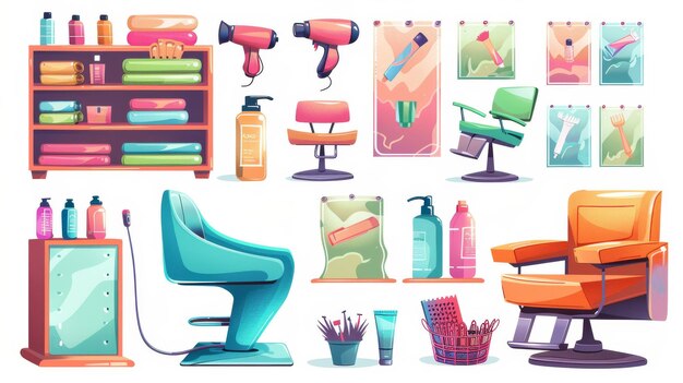 Photo modern cartoon illustration of hairdresser chair hair dryer and dye clean towels on shelf shampoo bottle haircut posters on wall